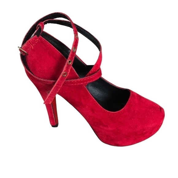 Red velvet platform heels sz 8.5 ankle Strappy stiletto Sexy MWOT valentines day - Picture 10 of 14